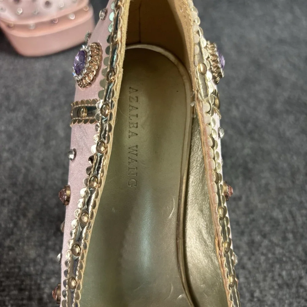 Azalea Wang Clea Satin Bejeweled  Pink Platform Heels 9